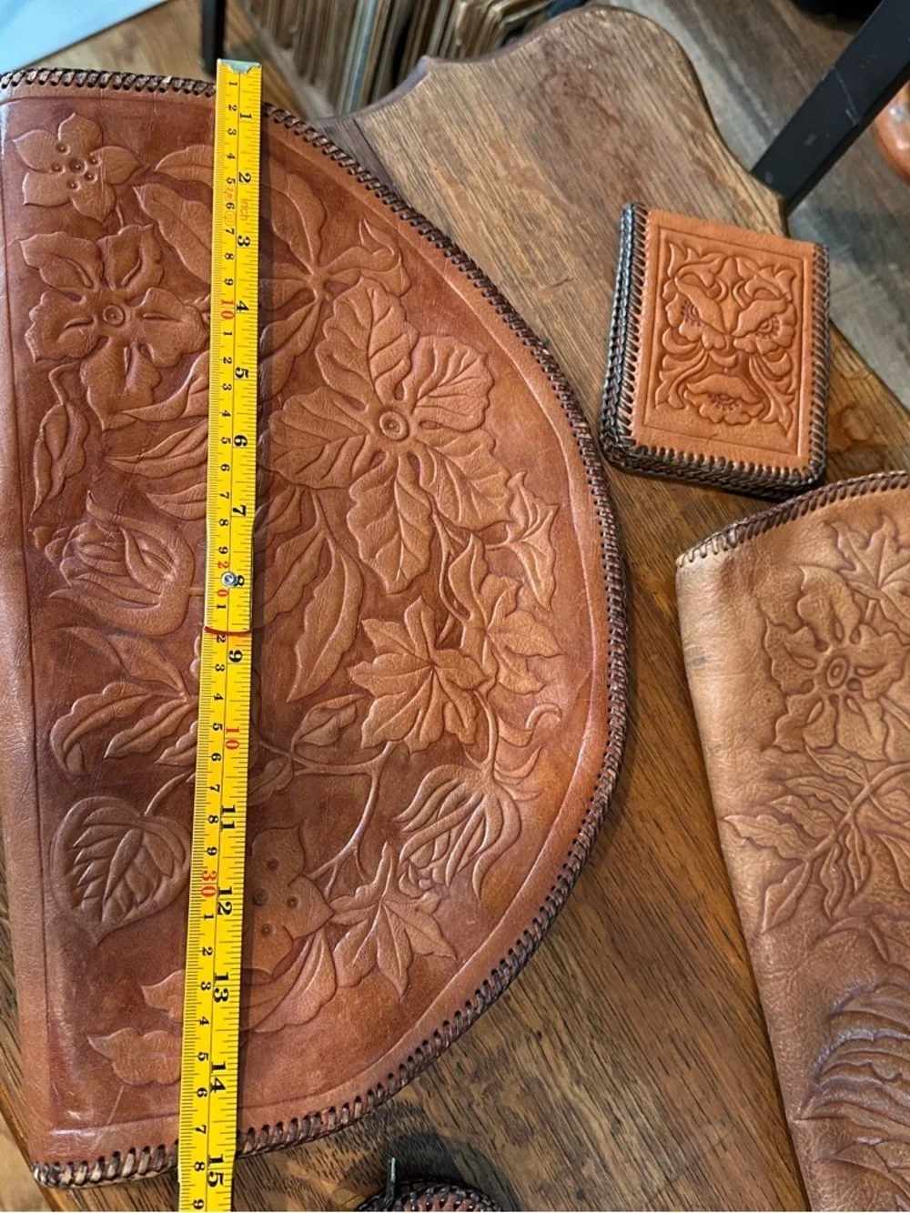 Hand-Tooled Floral Leather Clutch Wristlet - Brown